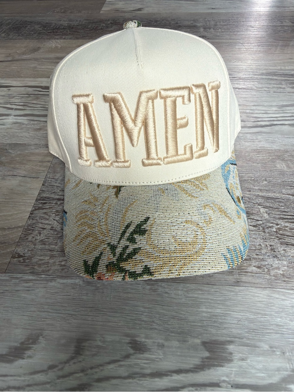 Cream 'AMEN' Embroidered Baseball Cap with Floral Brim